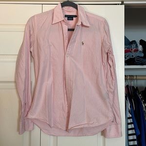 Classic Ralph Lauren Pink Stripe Oxford; slim fit.